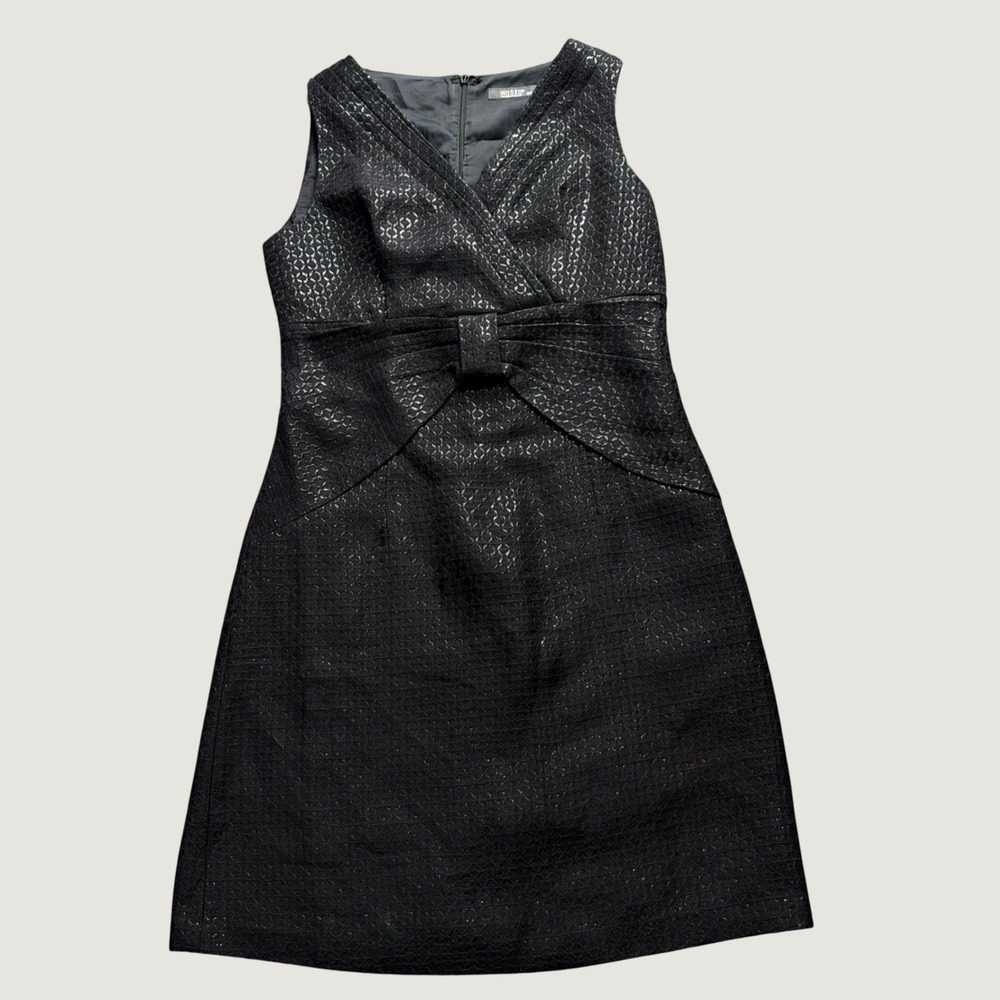 Wanko Cocktail Dress 36 Metallic Jacquard Bow A-Line Sleeveless Black Silver